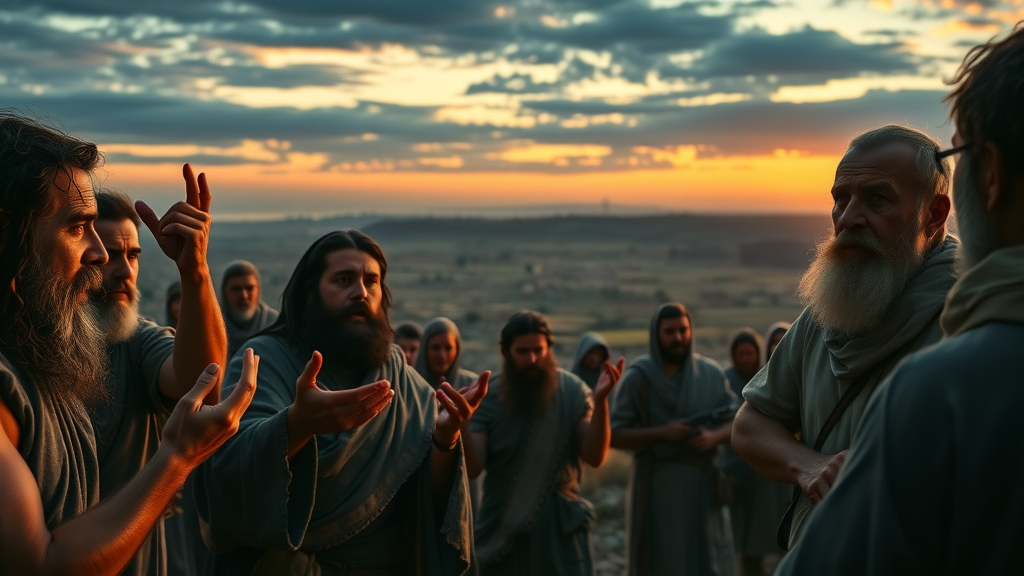 Dramatic scene of the 10 spies reporting to the Israelites on Tisha B
