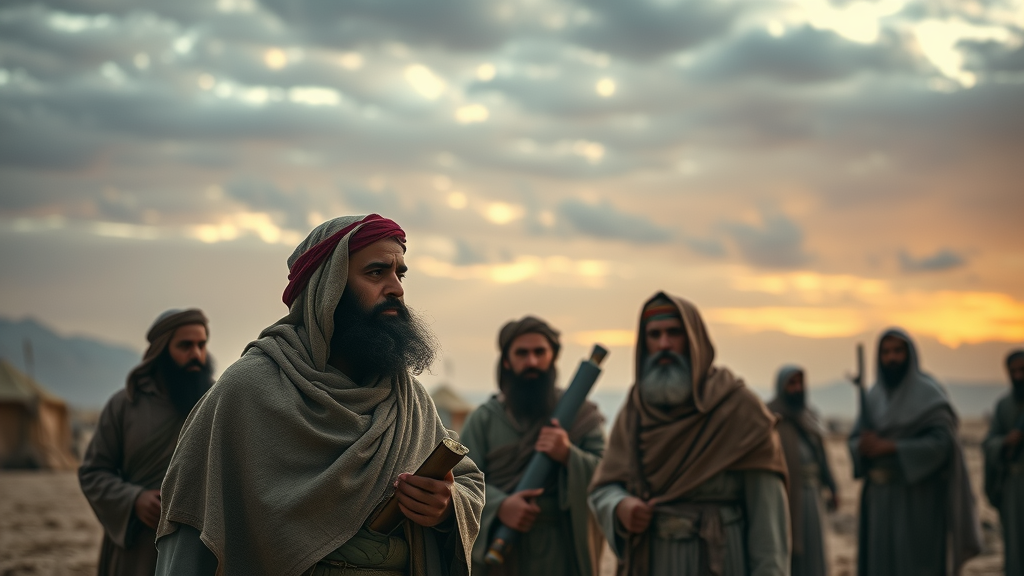 Solemn ancient Israelites discussing in a desert encampment on Tisha B