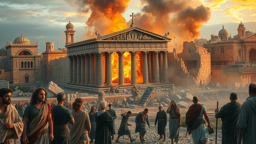 destruction of the temple jerusalem, shocked onlookers, ruins and smoke, jewish people ninth of av day of mourning