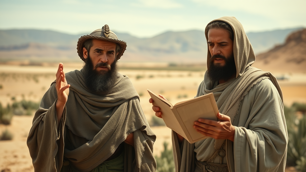 israelite scouts share nervous bad report in desert, mountains in distance, anxious faces, numbers 13:31-33