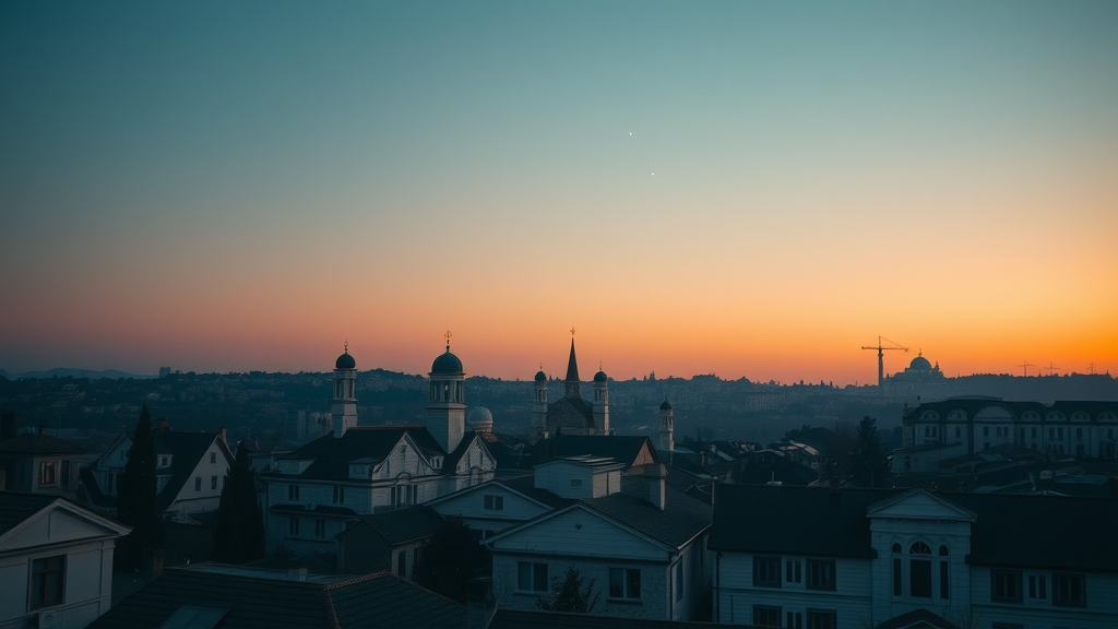 City skyline at sunset, Jewish community marking end of Tisha B