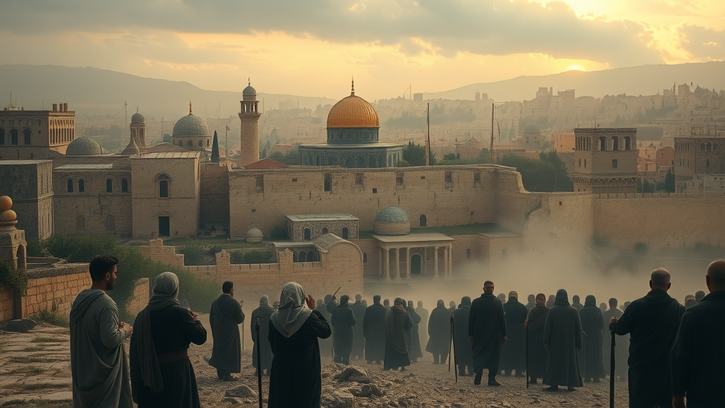 somber ancient Jerusalem landscape, ninth of av, mourners gather at ruined city walls, jewish calendar day of mourning