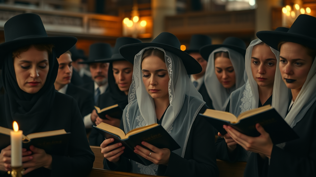 contemplative jewish people mourning ninth of av, traditional attire, somber faces in synagogue, jewish calendar fast day