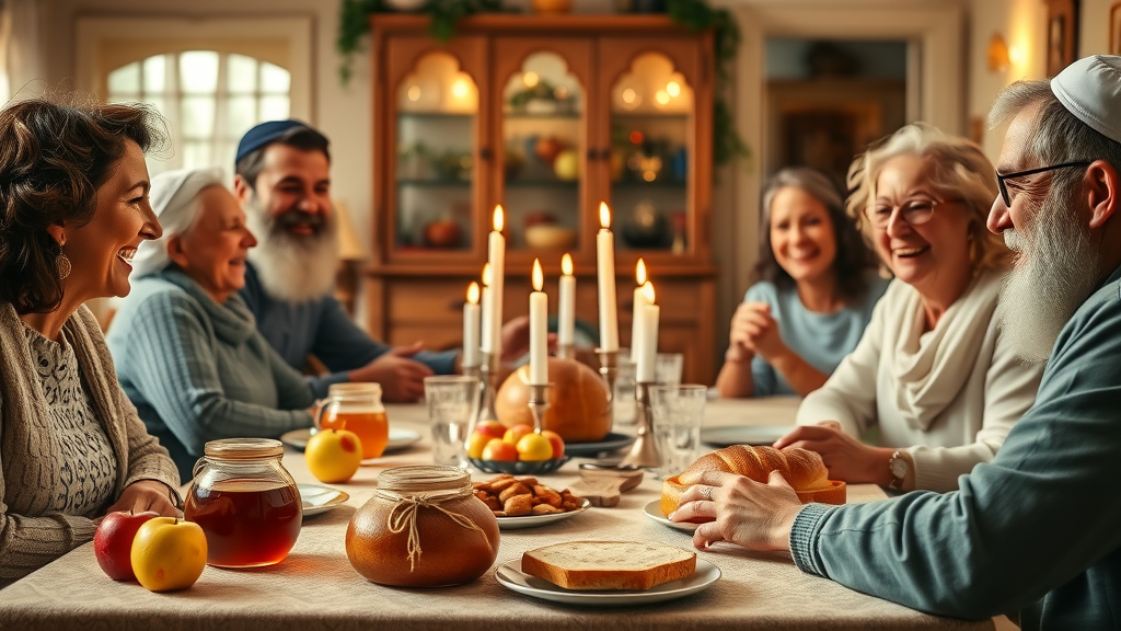 festive Jewish family celebrating Rosh Hashanah, joyful expressions around a table with apples, honey, and challah—rosh hashanah tradition