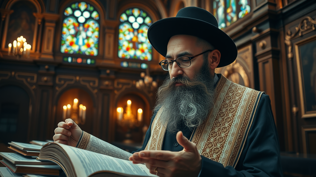 ancient scrolls and prayer books for rosh hashanah, rabbinical figure reading in an ornate synagogue—rosh hashanah origins