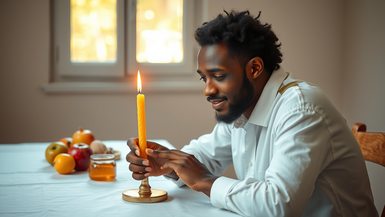hopeful Jewish individual lighting a beeswax candle for rosh hashanah renewal, apples and honey in background—jewish new year
