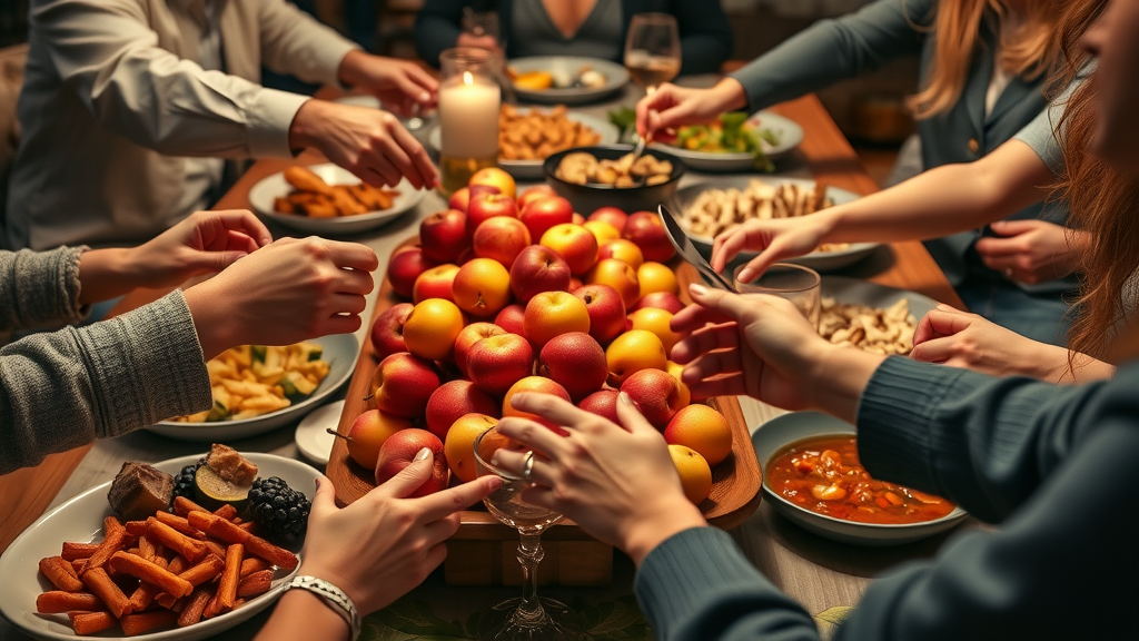 platter of apples and honey passed around a festive table during rosh hashanah celebration—sweet foods and community