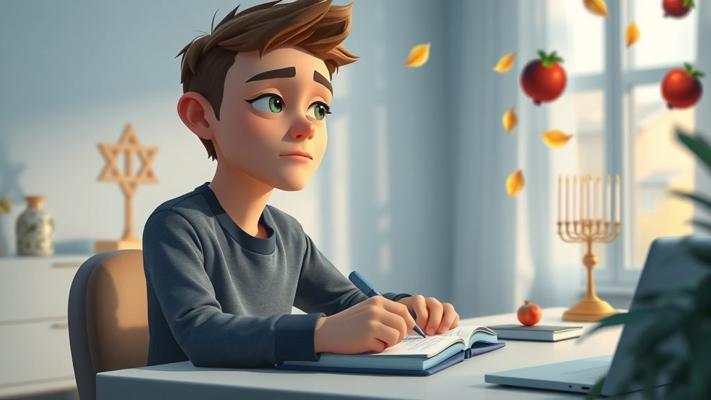 contemplative young adult journaling for rosh hashanah reflection in a modern home with menorah and pomegranate motifs