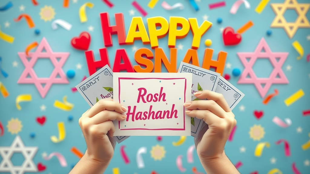 colorful Rosh Hashanah greeting card arrangement—hands offering cards with Star of David motifs for a good year