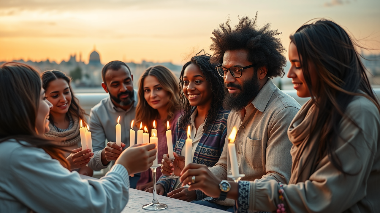 diverse Jewish family lighting candles at sunset on rosh hashanah with Jerusalem skyline in background