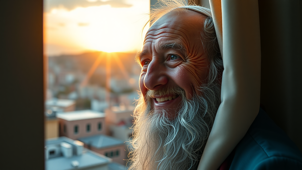 hopeful Jewish elder looking through window at symbolic sunrise on rosh hashanah—begin your journey of renewal