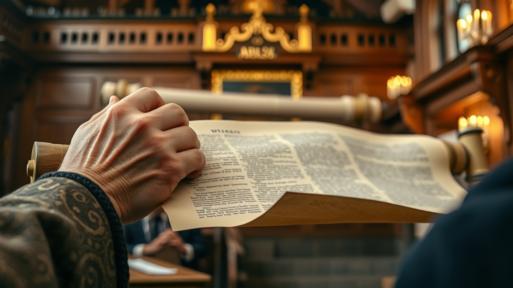 yom kippur origins and meaning with torah scroll in synagogue